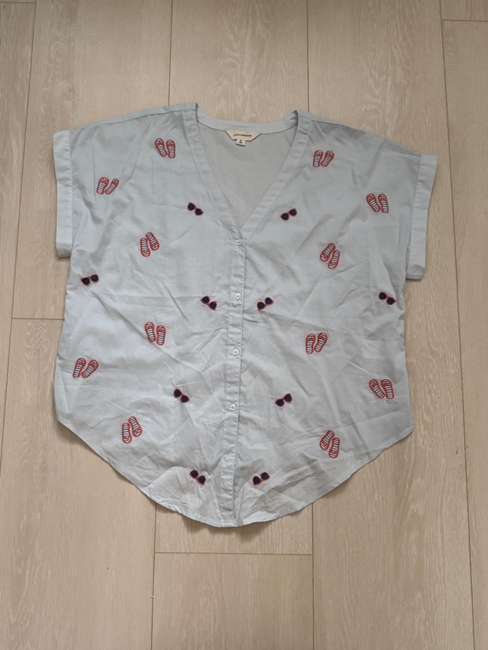 Lucky Brand Light Blue Button-Down Shirt with Red Flip-Flop Embroidery